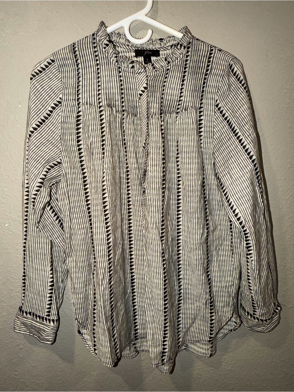 Crew Black & White Striped Ruffle Neck Long Sleeve Blouse Small